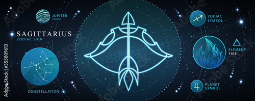 Modern magic witchcraft card with astrology Sagittarius neon zodiac sign. Neon Bow and arrow illustration. Zodiac characteristic