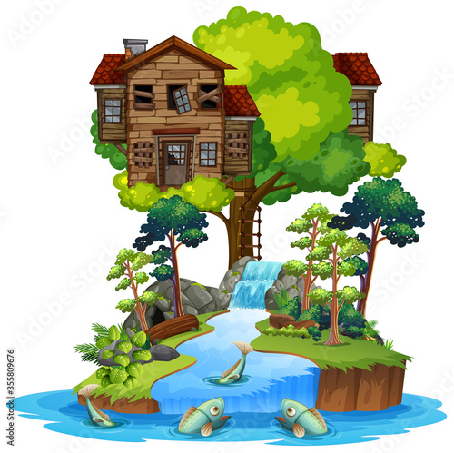 Old wooden tree house on island