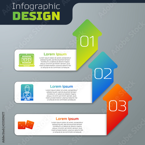 Set Laptop and slot machine, Casino dealer and Game dice. Business infographic template. Vector