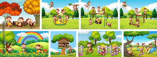 Set of monkey in playground background