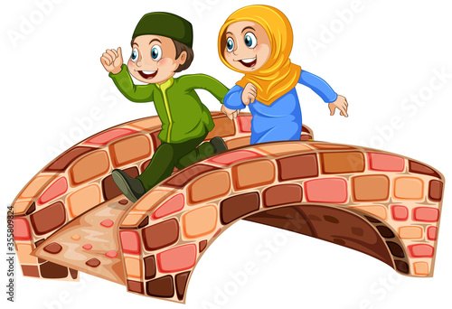 Muslim children run across the bridge