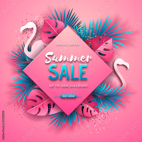 Summer sale poster with pink and blue tropic leaves and flamingo on pink background.