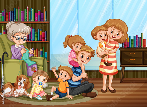 Scene with people staying at home with family