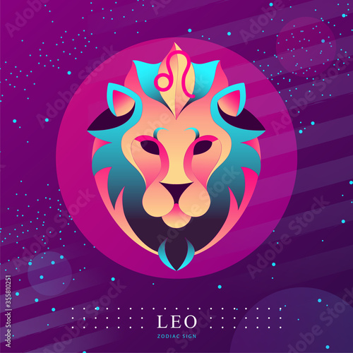 Modern magic witchcraft card with astrology Leo zodiac sign. Lion head logo design