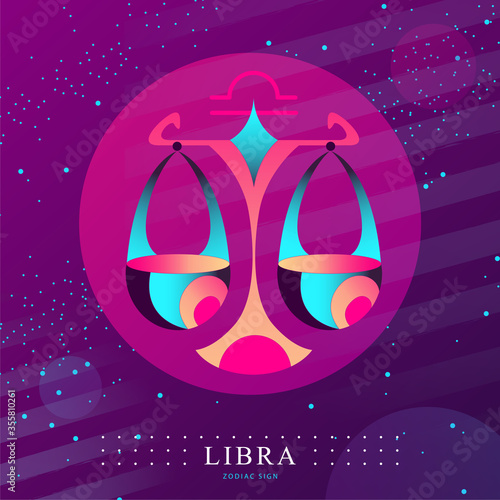 Modern magic witchcraft card with astrology Libra zodiac sign. Scales logo design