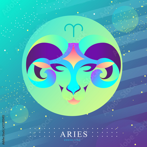 Modern magic witchcraft card with astrology Aries zodiac sign. Ram or mouflon head logo design
