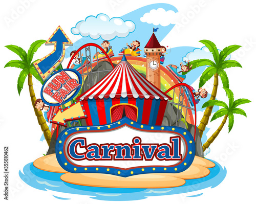 Scene with monkeys having fun at the carnival on white background