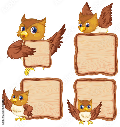 Board template with cute owl on white background