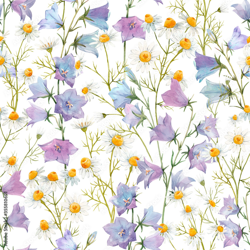 Beautiful seamless floral pattern with watercolor gentle summer bluebell and chamomile flowers. Stock illustration.