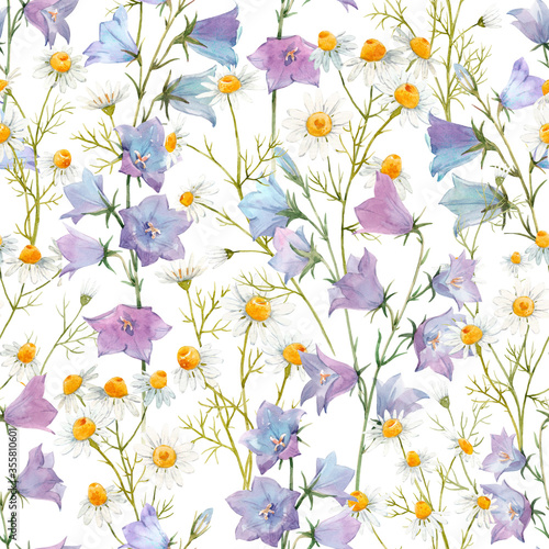 Beautiful seamless floral pattern with watercolor gentle summer bluebell and chamomile flowers. Stock illustration. © zenina