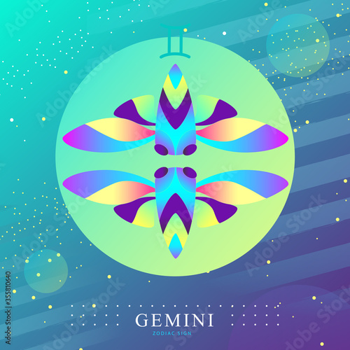 Modern magic witchcraft card with astrology Gemini zodiac sign. Butterfly or cicada illustration