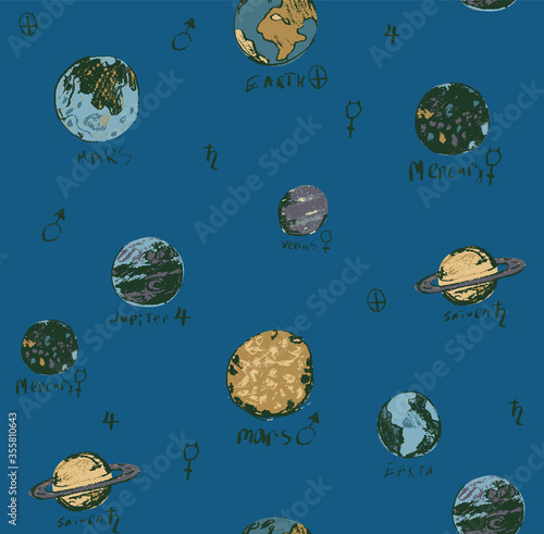 Hand drawn vector pattern with set of circular planets and stars,