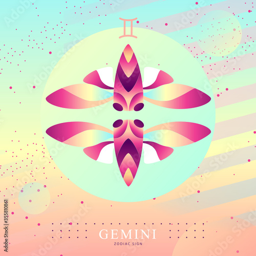Modern magic witchcraft card with astrology Gemini zodiac sign. Butterfly or cicada illustration