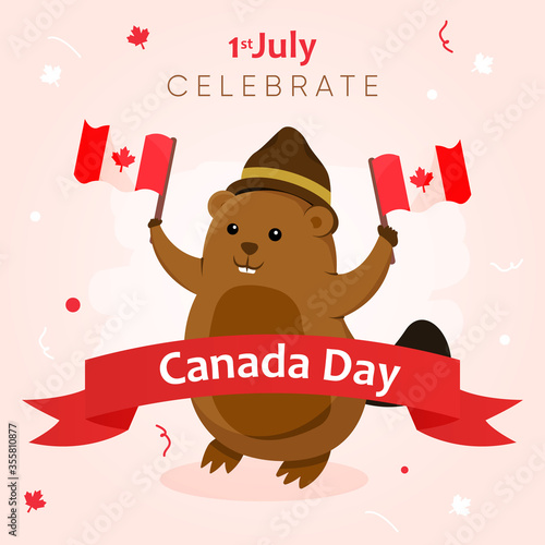 banner greeting canada day with beaver holding canada's flag and ribbon