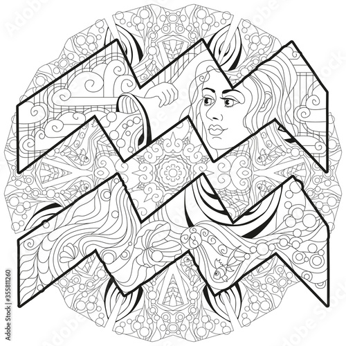 Aquarius zodiac sign with mandala cute cartoon character retro zentangle stylized in vector for coloring