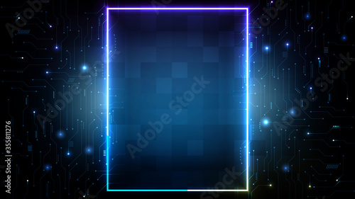 abstract futuristic background of blue Printed Circuit Board and neon square frame