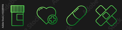 Set line Medicine pill or tablet, Medicine bottle, Heart with a cross and Crossed bandage plaster. Gradient color icons. Vector