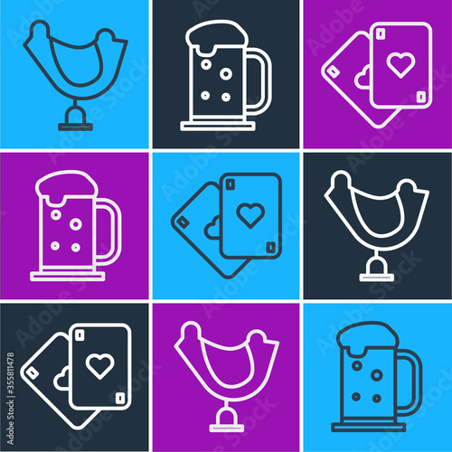 Set line Wild west saddle, Playing cards and Wooden beer mug icon. Vector