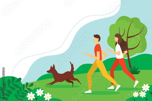 Man and woman running with the dog in the Park. Cute summer illustration in flat style.