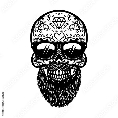 Illustration of bearded mexican sugar skull in sunglasses. Design element for poster, card, banner, logo, label, sign, badje, t shirt. Vector illustration