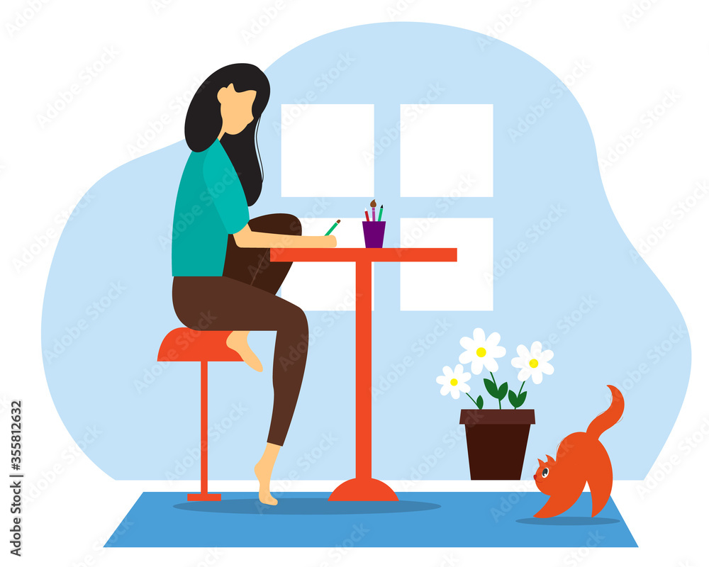 Woman drawing in cozy interior. Vector illustration in flat style. Woman drawing in cozy interior. Vector illustration in flat style.