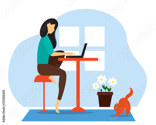 Home office concept, woman working from home, student or freelancer. Vector illustration in flat style.