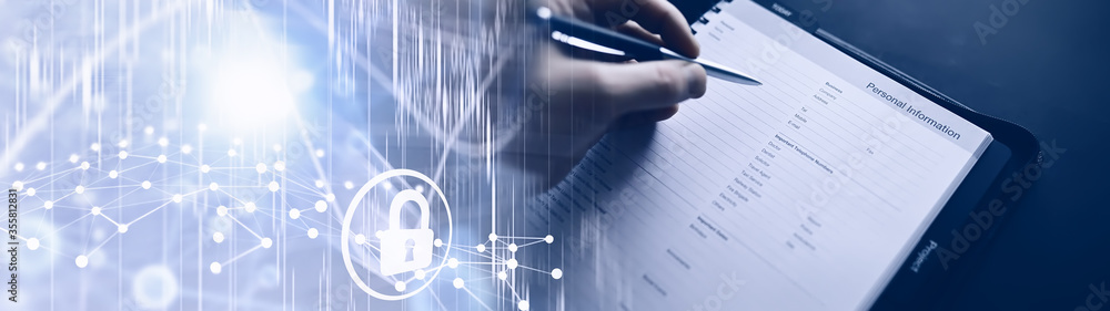 Naklejka premium Double exposure filling out a form with personal information. Documents in a folder on the table to fill. Handwritten information about the applicant.