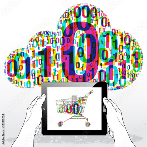 A Tablet PC horizontally held firmly in both hands. A "Binary Shopping Cart" icon is presented on screen. A digital cloud is visible in the background representing the digital information cloud.