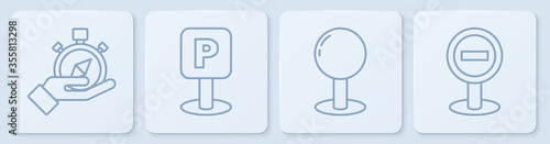 Set line Compass, Push pin, Parking and Stop sign. White square button. Vector