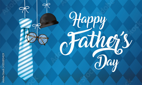 Striped necktie glasses and hat hanging of fathers day vector design