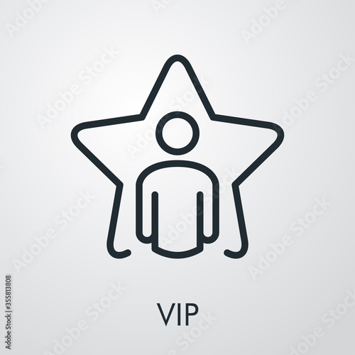 Icono plano lineal palabra VIP con hombre en estrella en fondo gris