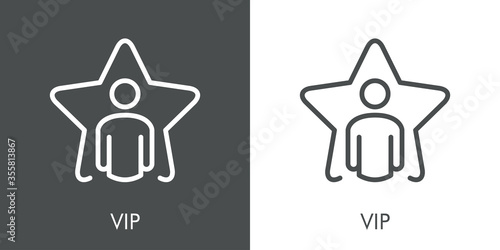 Icono plano lineal palabra VIP con hombre en estrella en fondo gris y fondo blanco