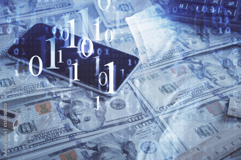 Double exposure of data theme drawing over us dollars bill background. Technology concept. Double exposure of data theme drawing over us dollars bill background. Technology concept.