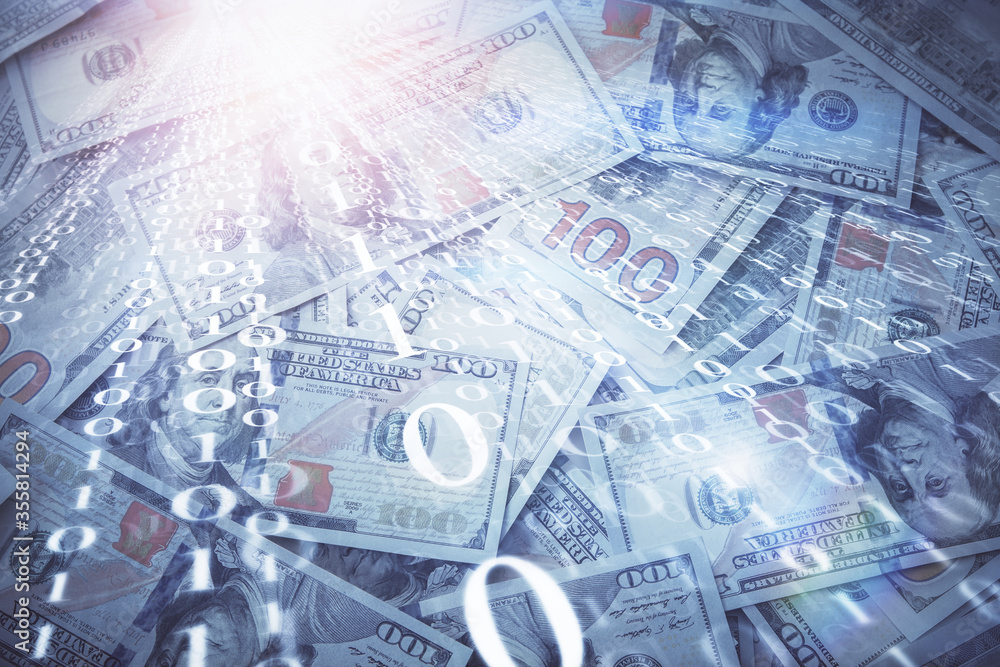 Double exposure of data theme drawing over us dollars bill background. Technology concept. Double exposure of data theme drawing over us dollars bill background. Technology concept.