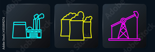 Set line Oil industrial factory building, Oil pump or pump jack and Oil industrial factory building. Black square button. Vector