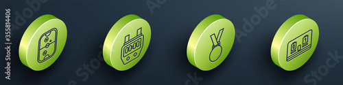 Set Isometric Air hockey table, Stopwatch, Medal and Hockey mechanical scoreboard icon. Vector