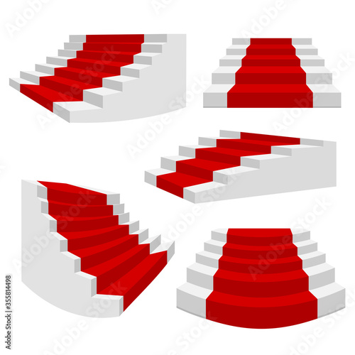 White stairs with red carpet. Staircase isolated, 3d stairway for interior staircases. Steps ladder architecture element vector collection
