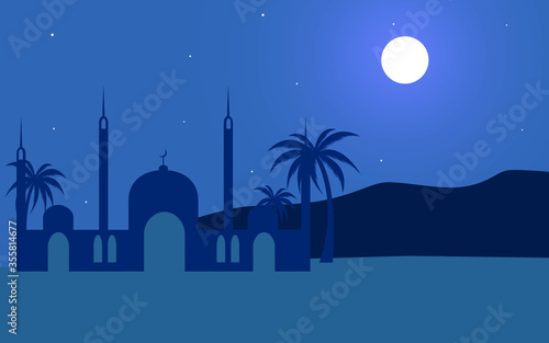 Night Desert Islamic Mosque Date Palm Tree Arabian Landscape