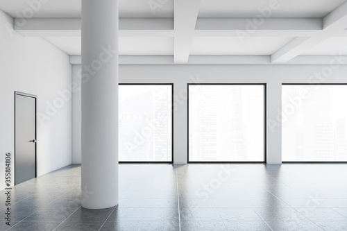 Empty white office with doors and columns