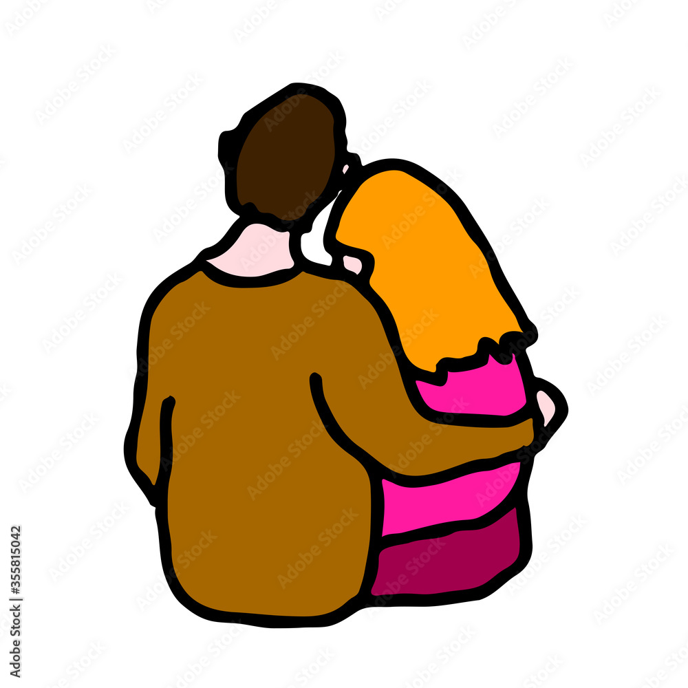 Happy young lovers couple hugging. Boyfriend hugs his girlfriend. View from behind