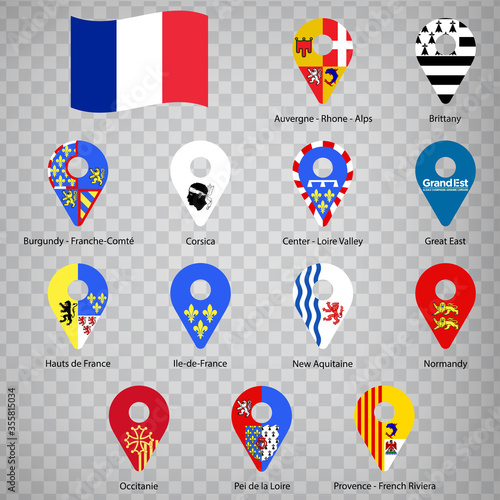 Thirteen flags the Regions of France  - alphabetical order with name.  Set of 2d geolocation signs like flags Regions of French Republic.  Thirteen geolocation signs for your design. EPS10.