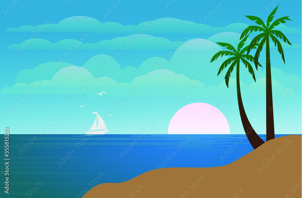 beautiful view of sandy beach and a palm tree and blueish sunrise background 