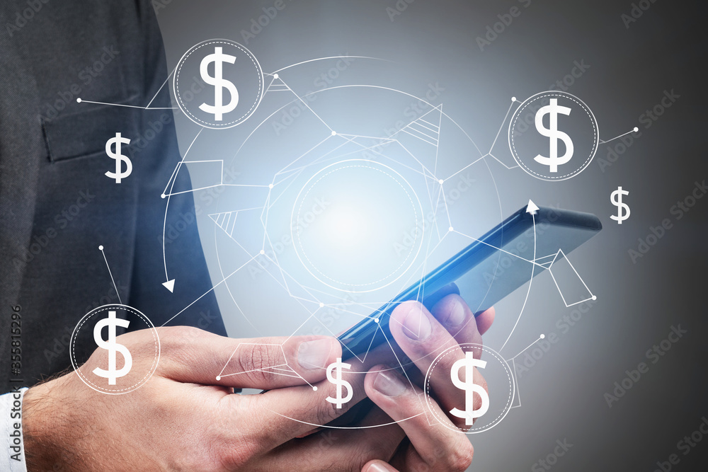 Man with smartphone, online shopping interface Man with smartphone, online shopping interface