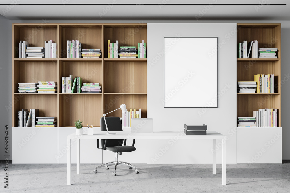 White CEO office interior with poster - obrazy, fototapety, plakaty 