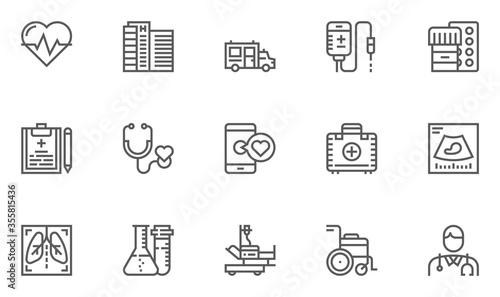 Medical Service, Diagnostic Equipment, Healthcare Professionals Vector Flat Line Icons Set. Hospital, Doctor, Emergency Medicine, Lab Test. Editable Stroke. 48x48 Pixel Perfect.