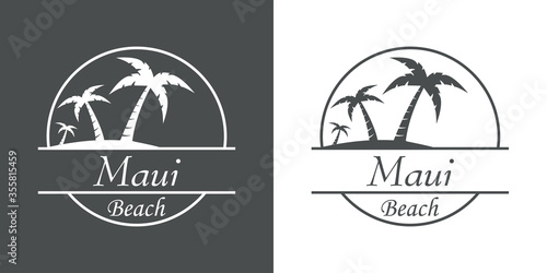 Símbolo destino de vacaciones. Icono plano texto Maui Beach en círculo con playa y palmeras en fondo gris y fondo blanco