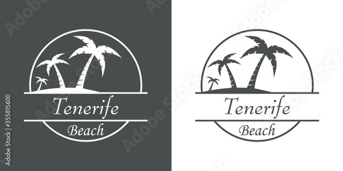 Símbolo destino de vacaciones. Icono plano texto Tenerife Beach en círculo con playa y palmeras en fondo gris y fondo blanco