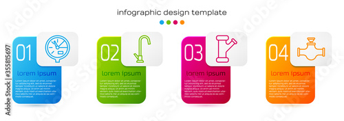 Set line Water meter, Water tap, Industry metallic pipe and Industry pipe and valve. Business infographic template. Vector