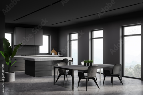 Grey kitchen corner with bar and table