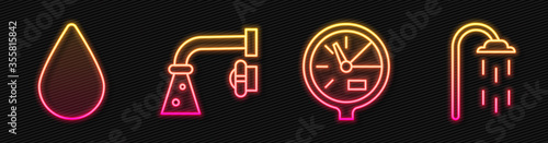 Set line Water meter, Water drop, Water tap and Shower. Glowing neon icon. Vector